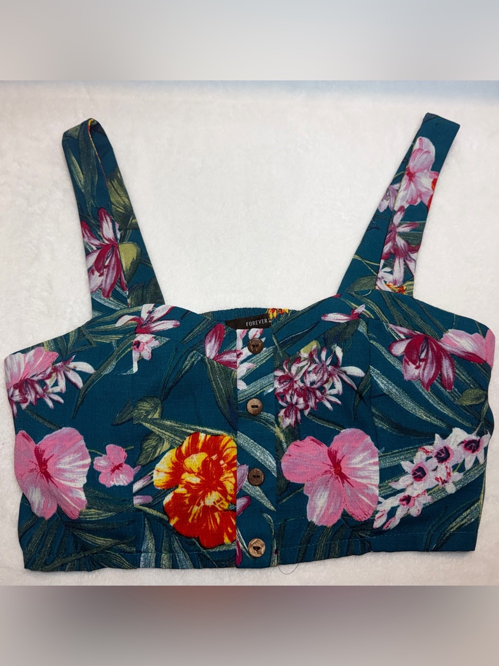 Forever 21 Teal Tropical Summer Floral Crop Top – Size Medium - Button Down